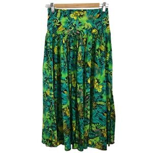 Vintage SLIX English Tropical Green Leaves Stretchy Midi Skirt Size Medium